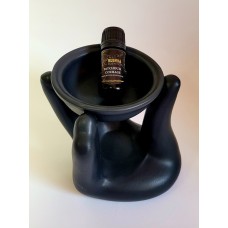 Parfumuoto kvapo juodas garintuvas – žvakidė, kartu su parfumuotu namų kvapu „Patchouli Courage“, 5 ml